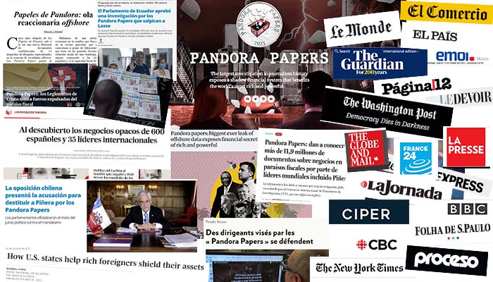 Titualres de múltiples periódicos sobre la publicación de los Pandora Papers por la ICIJ