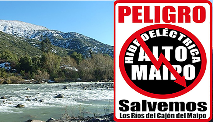 Imagen del rio Maipo y leyenda: Peligro. Hidroeléctrica Alto Maipo. Salvemos los rios del Cajón del Maipo.