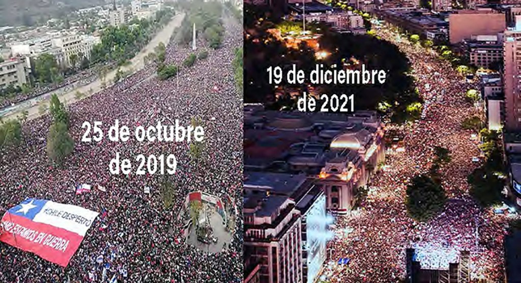 Collage de dos imágenes: la masiva movilización del 25 de octubre de 2019 y de celebración de la victoria de Gabriel Boric el 199 de diciembre de 2021