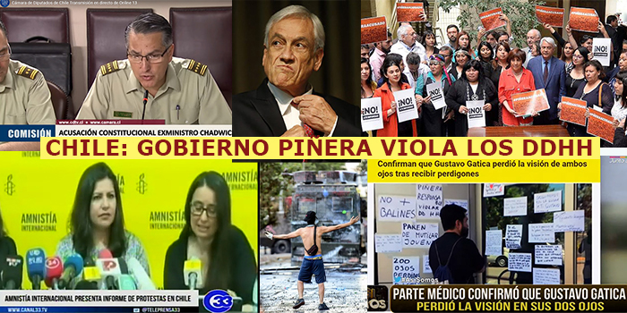 Collage de imágenes con texto: Chile Gobierno Piñera viola lod DDHH
