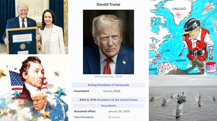 Collage de imágenes que caracterizan al presidente Donald J. Trump