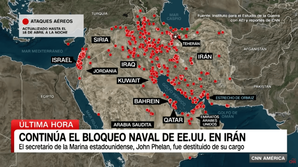 Continúa el bloqueo naval de EE.UU. en Irán. CNN América. Captura de ecran.