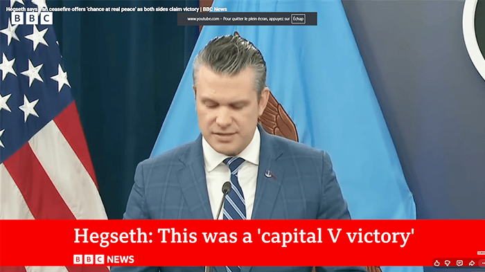 Pete Hegseth anuncianod victoria de Estados Unidos en Irán. BBC. Captura de ecran.